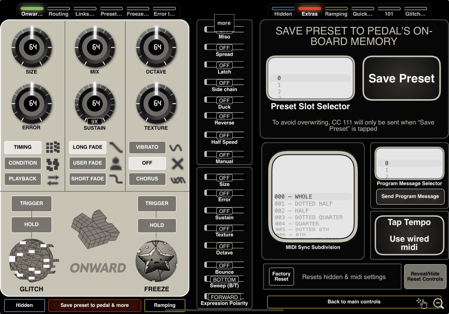 Elements to save preset to the pedal, load them up & more