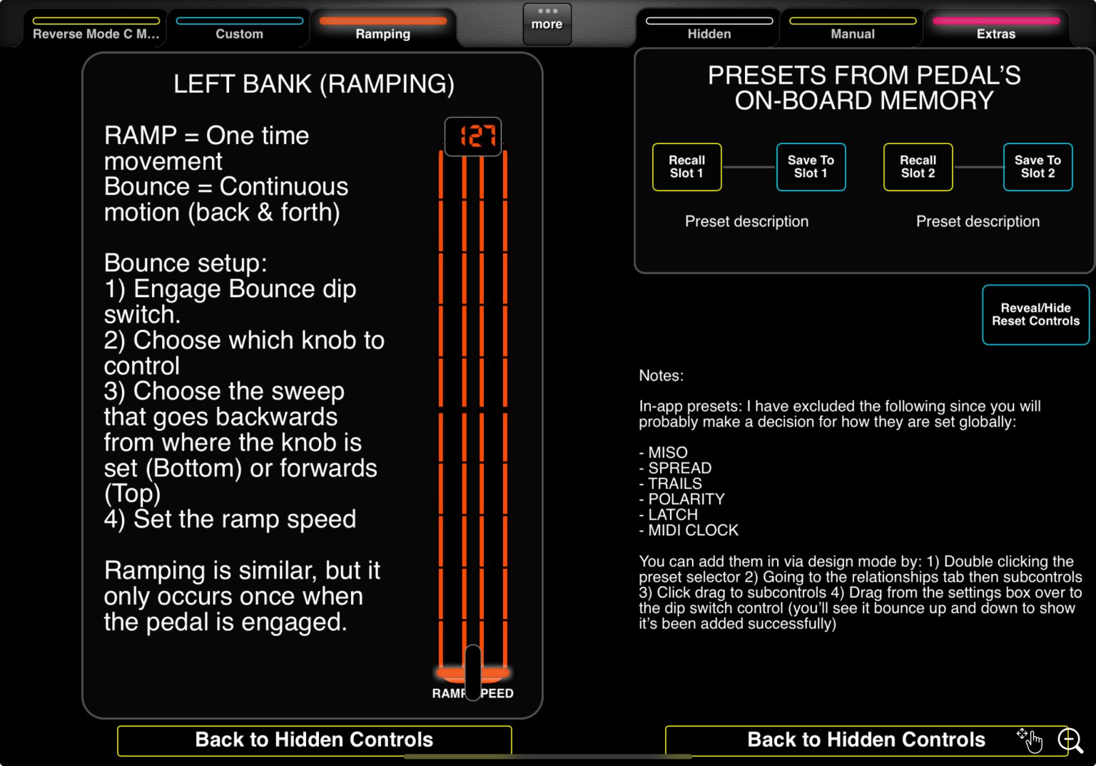 Ramp Speed, Midi reset & Pedal save slots