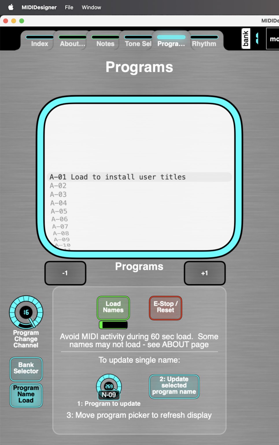 2.30 Program name load - load all 300 program names, or update a single program