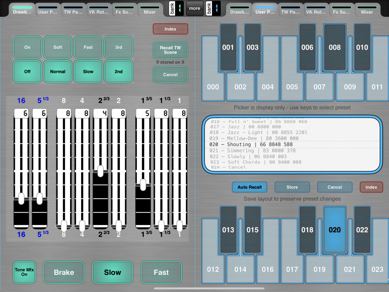 Drawbars, percussion, rotary controls | 24 User presets in style of old organ reverse keys